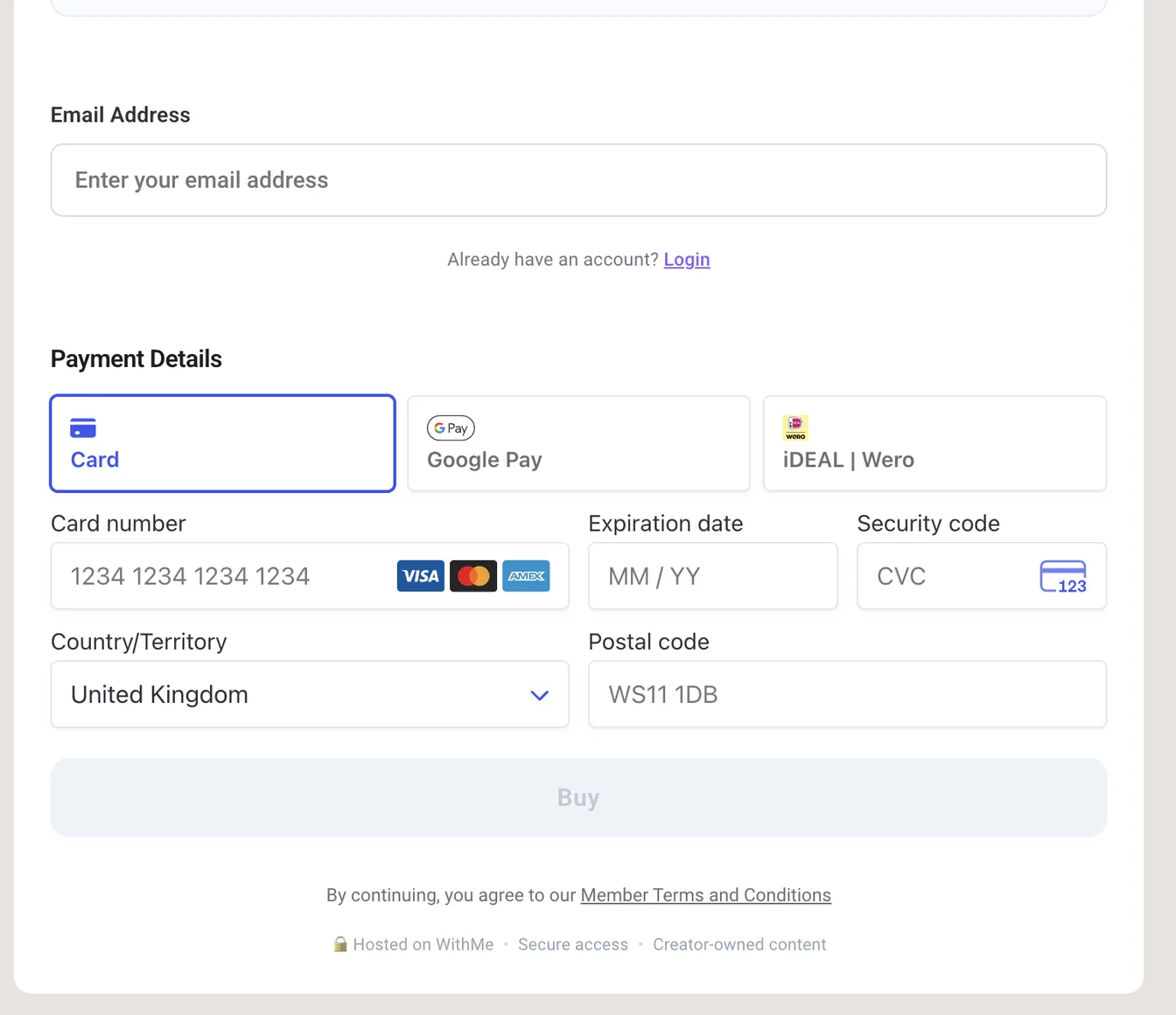 The WithMe checkout showing card, Google Pay and iDEAL payment options