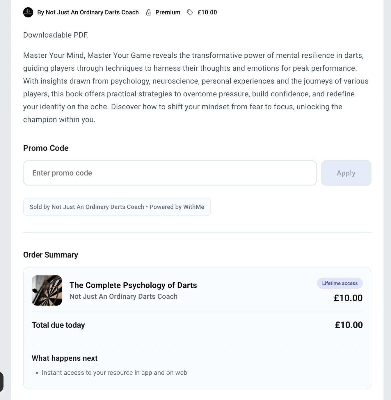 A WithMe order summary showing lifetime access and instant delivery of a digital download